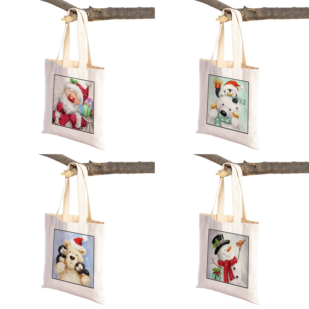 Vrolijk Kerstfeest Casual Vrouwen Boodschappentassen Cartoon Kerstman Sneeuwpop Opvouwbaar Eco Canvas Lady Shopper Bag Xmas Tote Handtas