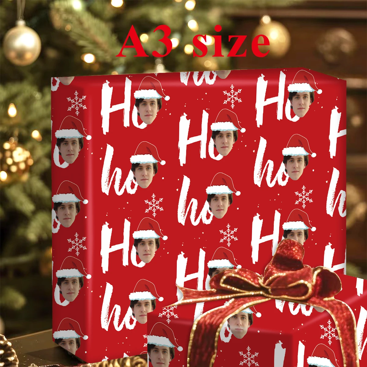 3 Stück individuelles Gesicht, weihnachtliches rotes Geschenkpapier, personalisiertes Foto mit Weihnachtsmütze, Basteldekorpapier für Party-Geschenke, Box-Verpackung