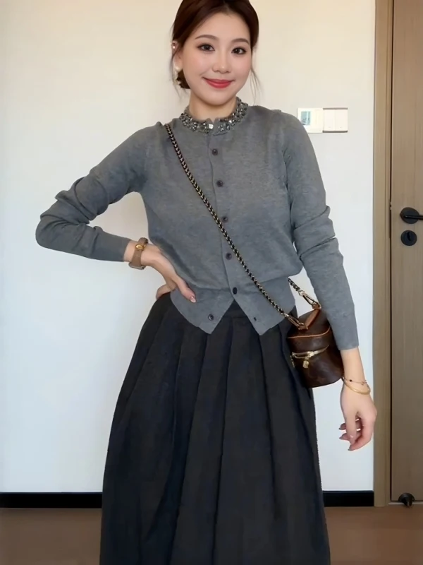 plus Size Women's Grey High Collar Diamond Embellished Knitted Long Sleeve Base Shirt Inner Wear Slimming Cardigan for Autumn