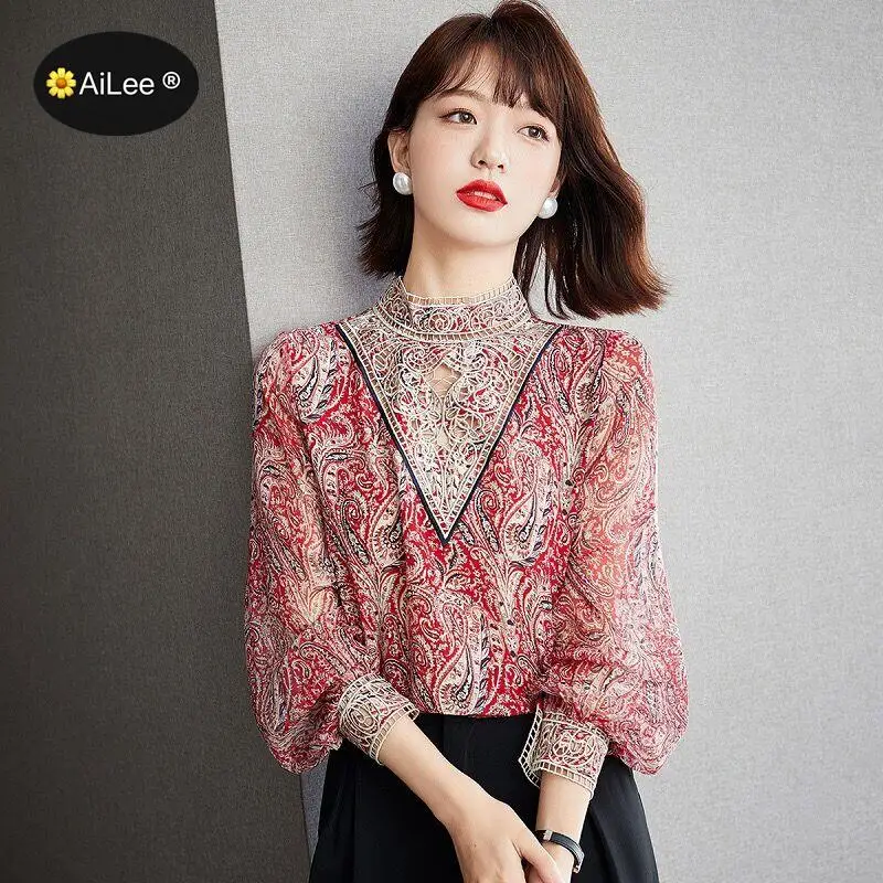 S-XXL Print Chiffon Stand Neck Blouse Women Vintage Retro Palace Shirts Long Lantern Sleeve Lace Splicing Crochet Holiday Tops