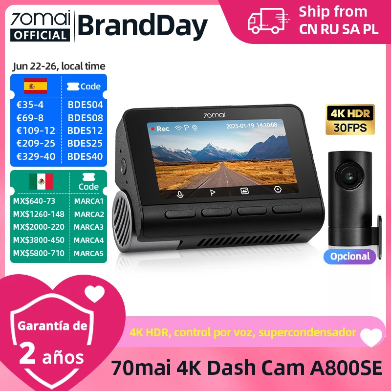 70mai Dash Cam 4K A800SE UHD soporte de doble canal 24H estacionamiento HDR supercondensador Wifi 6 Control de voz actualizado de 70mai A800S