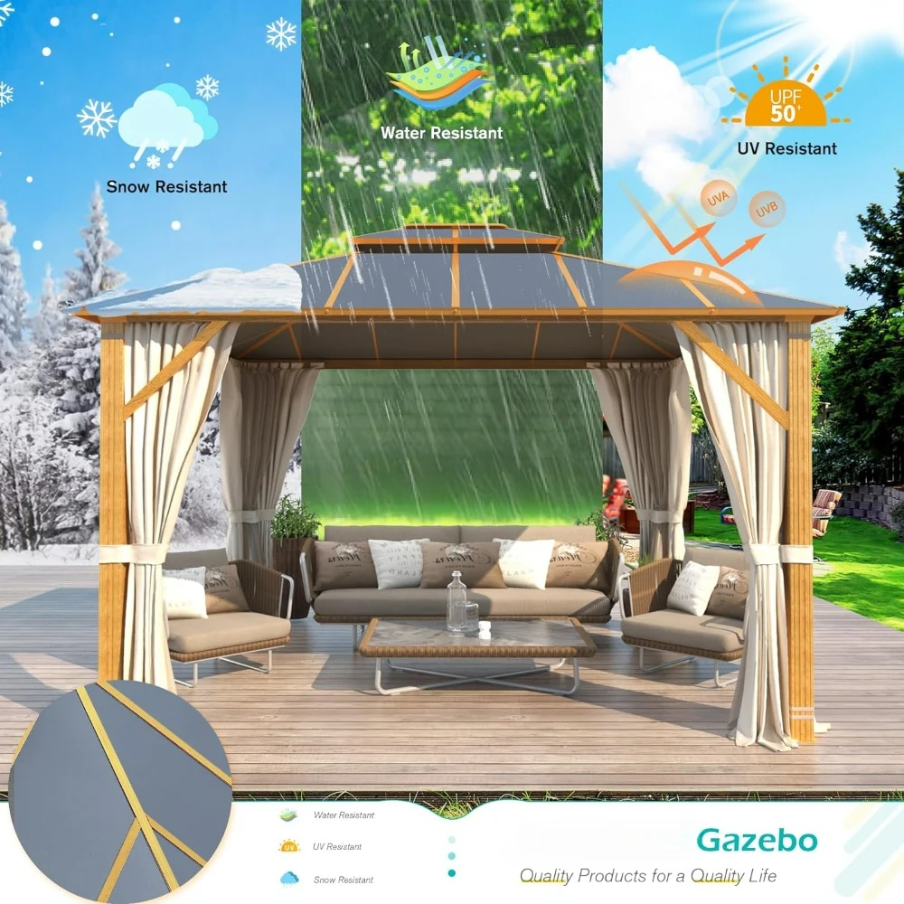 Imagem -05 - Gazebo Hardtop-alumínio para Pátio Gramado e Jardim Acabamento em Madeira Cortinas e Rede Incluídas 10x12ft