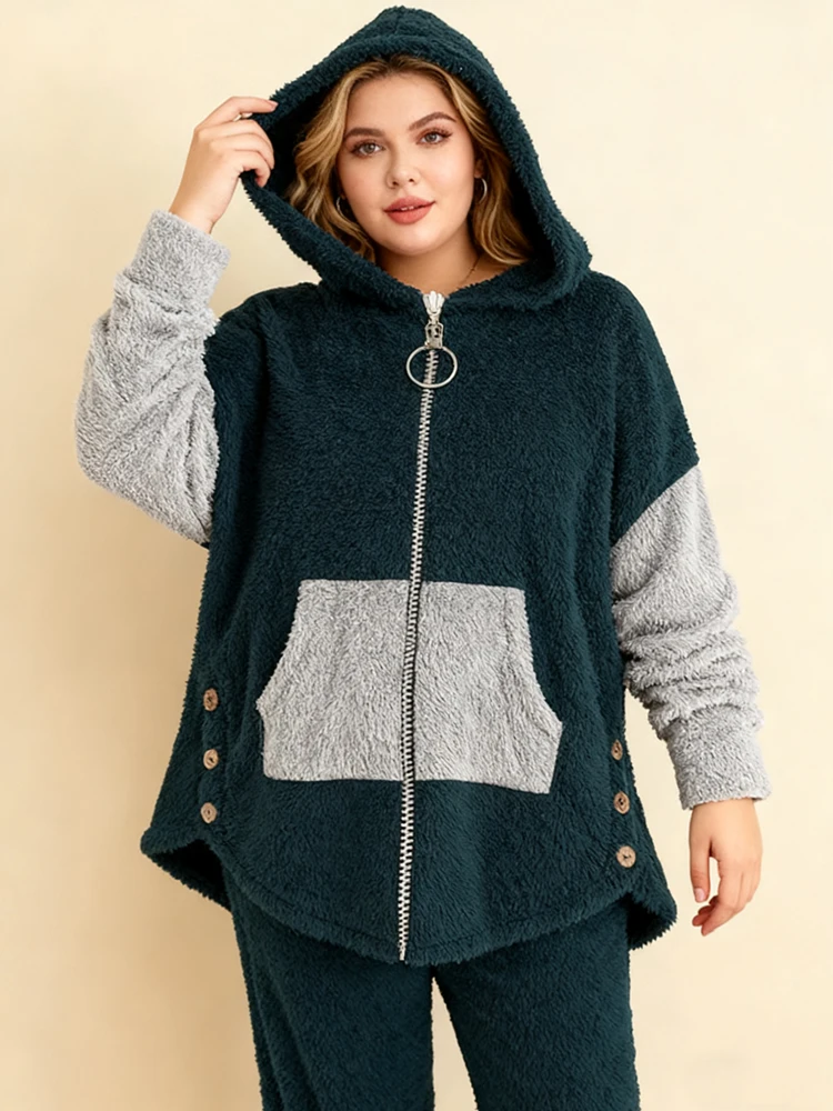 Conjunto de suéter cálido y contrastante de talla grande a la venta, cárdigan con capucha y cremallera, pantalones largos con cordón y puños elásticos