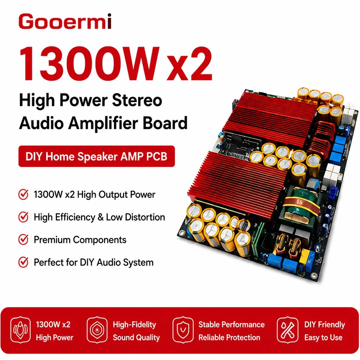Gooermi 1300-P 1300W X2 Stereo Power Amplifier Board Audio AMP Module DIY Home Speaker PCB High Power Class AB Amplifier