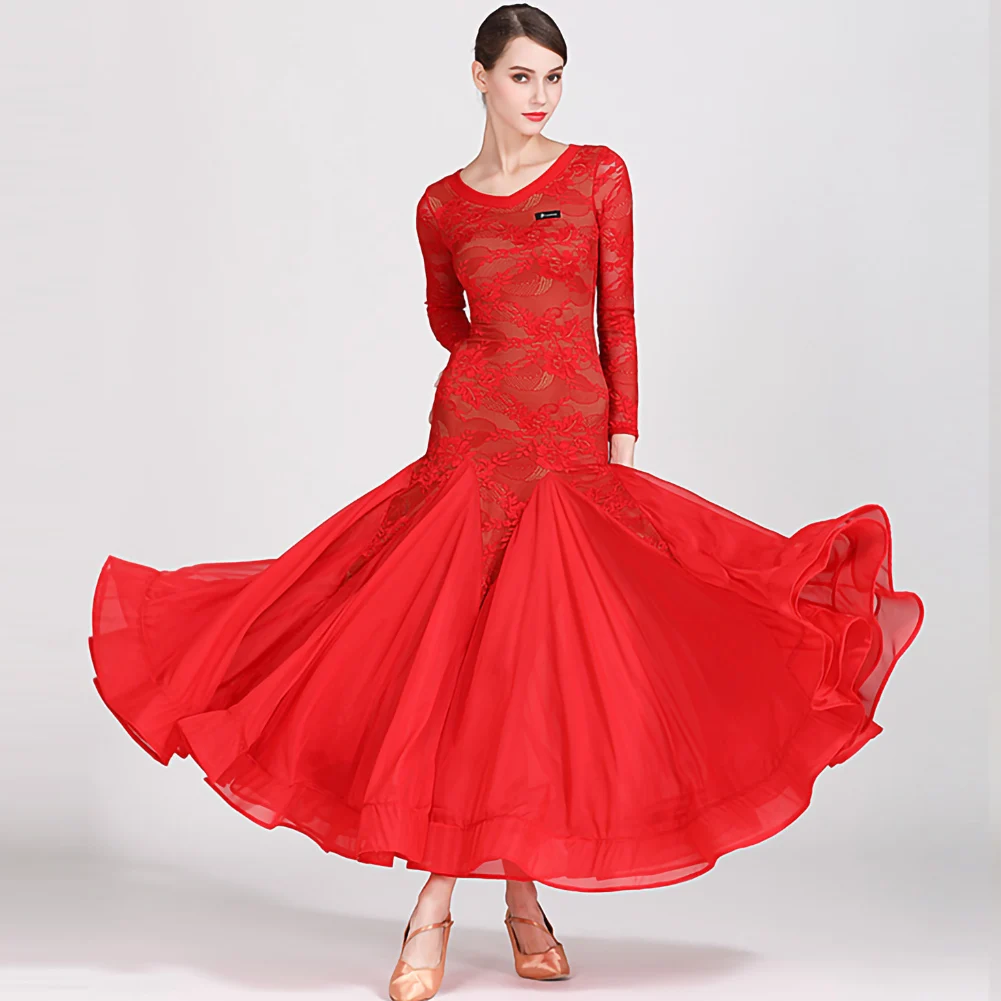 فستان رقص بمنظور أداء دانتيل أحمر نسائي بأكمام طويلة فستان رقص قاعة الرقص قياسي برقبة على شكل حرف V باللون الأسود