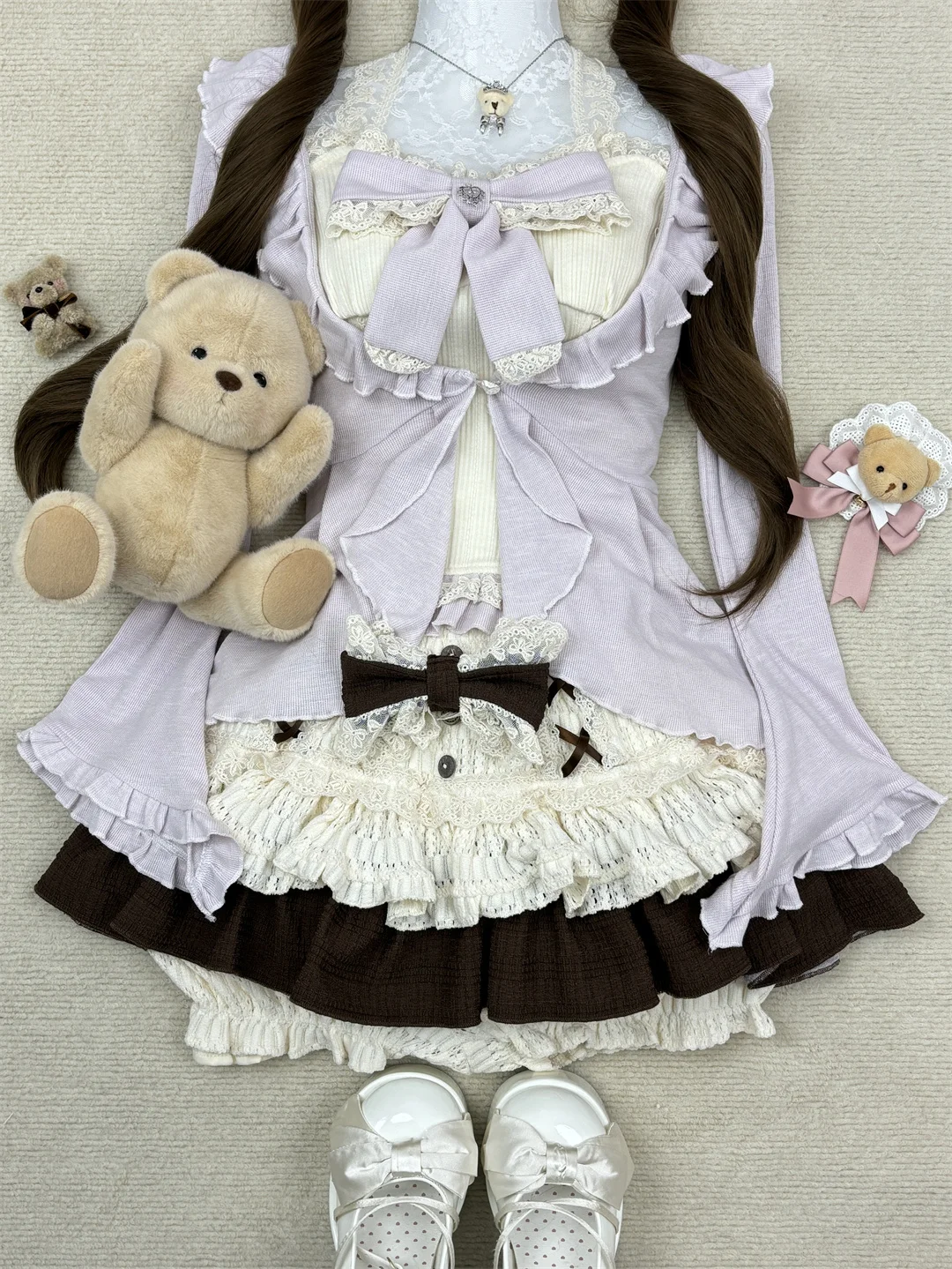 

Spring Women Shoujo Birthday Idols Lolita Gyaru Outfits 3 Piece Set Bow Lace Cami + Long Sleeve Top + Kpop Mini Skirt Ball Gown