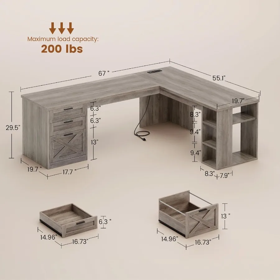 67 Scrivania da ufficio a forma di L con 3 cassetti e ripiani portaoggetti Scrivania angolare per computer con prese di corrente integrate per lavori remoti