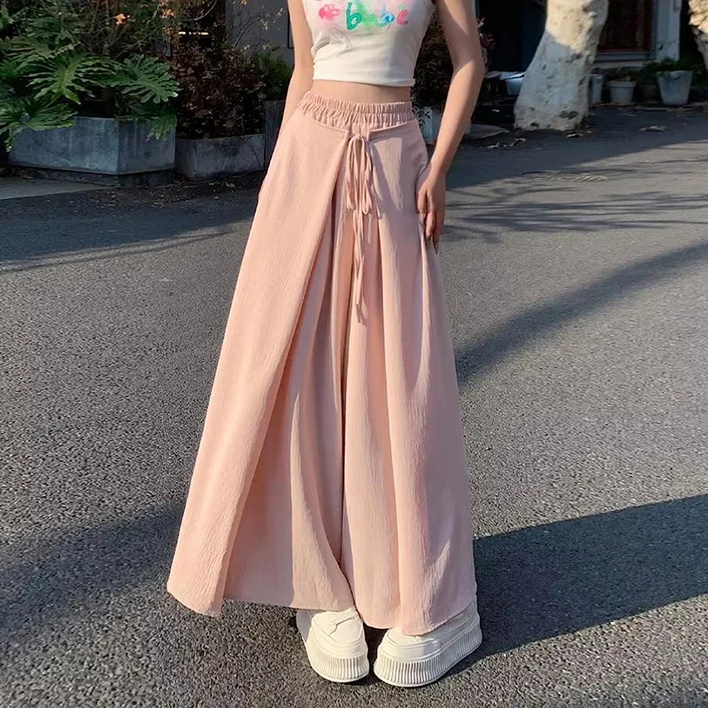 

Korean Version Drawstring Wide-leg Pants Women 2025 Spring Summer New High Waist Silk Casual Pants Skirt Baggy Women's Clothing