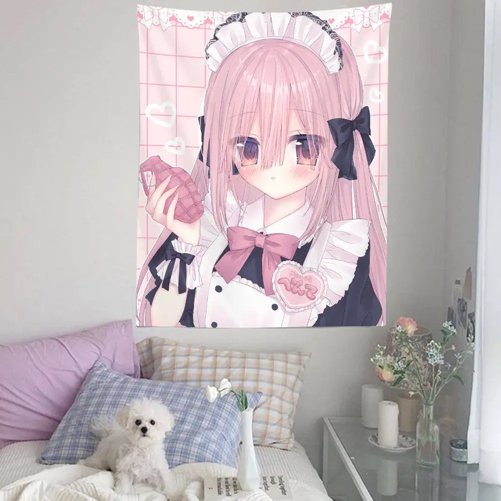 Neuer niedlicher Wandteppich im Lolita Pink Mine Style Maid-Stil, ästhetischer Wandbehang für Schlafzimmerdekoration, Hintergrundstoff