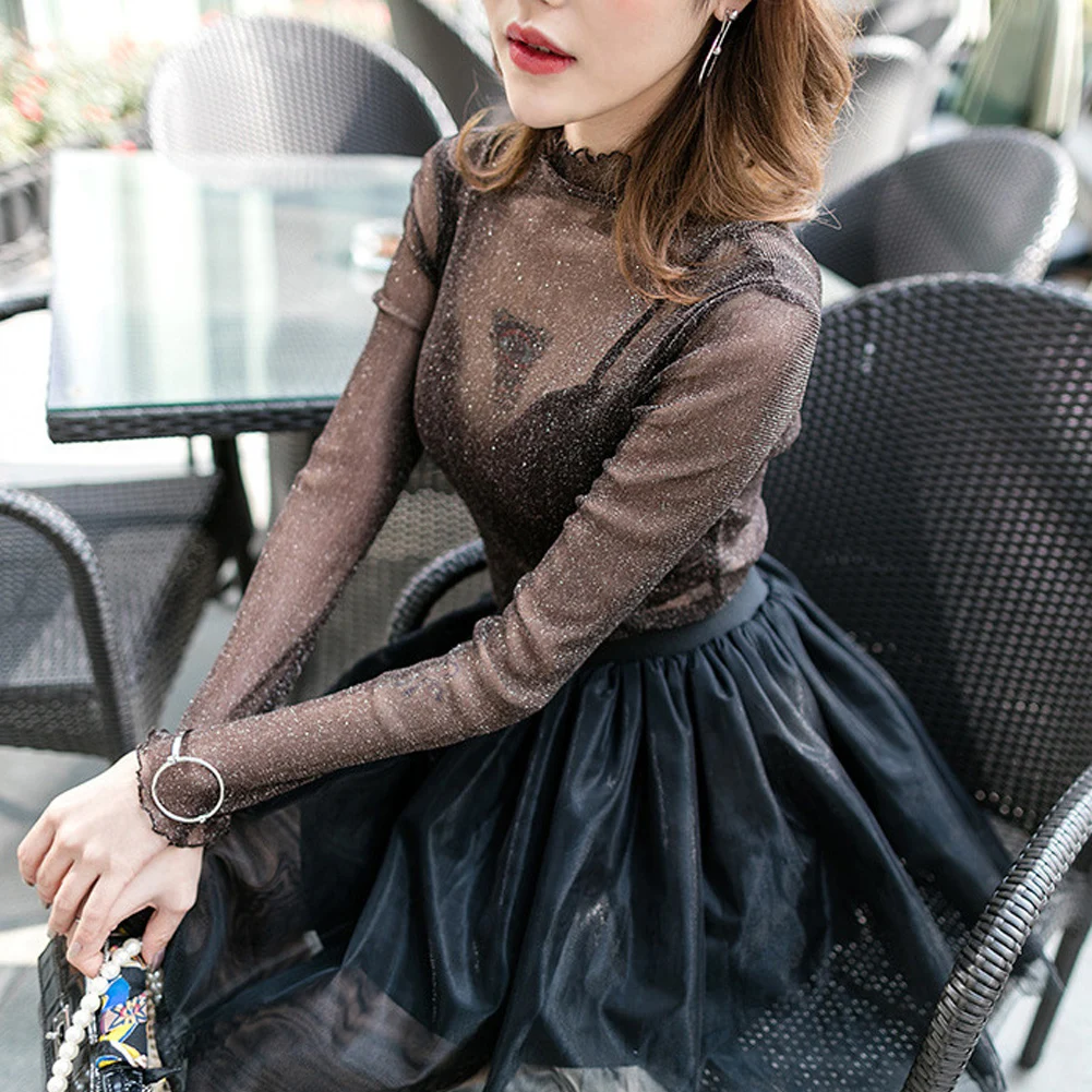 Women Fashion T-Shirts Tulle Mesh Versatile Long Sleeve Ladies Printed Tops Casual Thin Base Blouses Lace Sheer Blouses