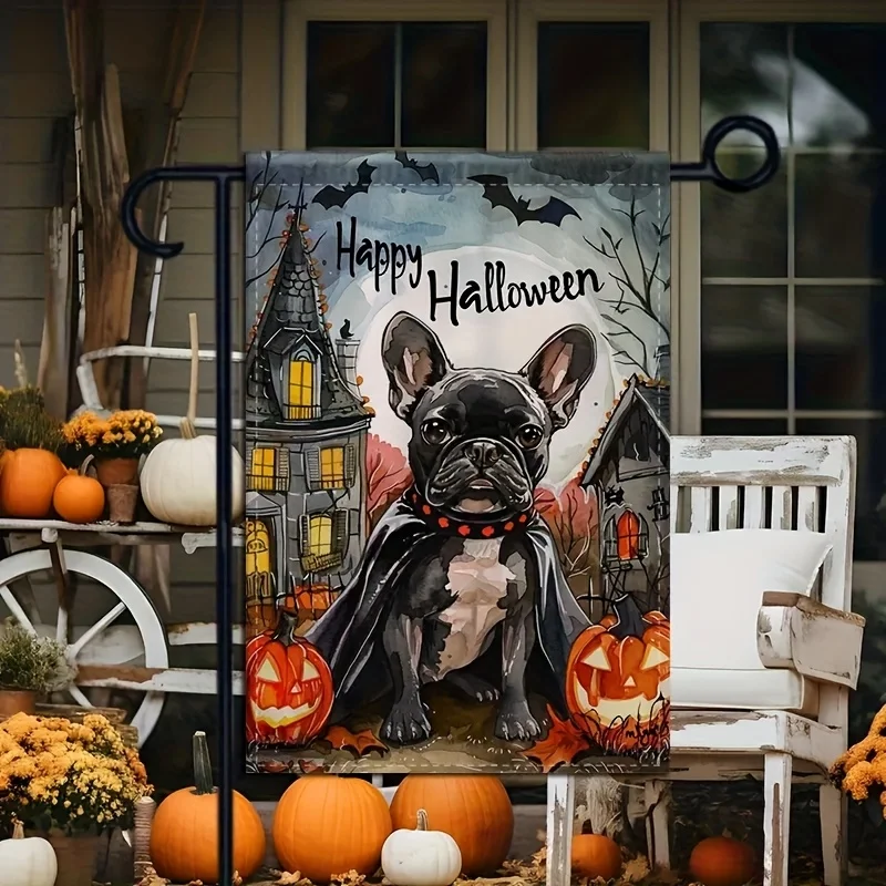 1 Halloween Themed Garden Flag, Double-Sided 12×18 Inches, French Bulldog in Vampire Cape Costume with Classic Halloween Patterns of Jack-o'-Lanterns, Haunted Houses, Bats, and 