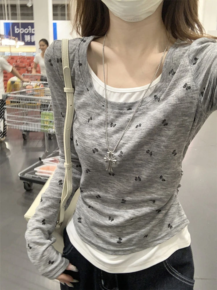 

Korea Sweet Spice Girl Color Collision Splicing Fake Two Pieces Long Sleeve T-shirt Female Slim Waist Bottoming Shirt Tops