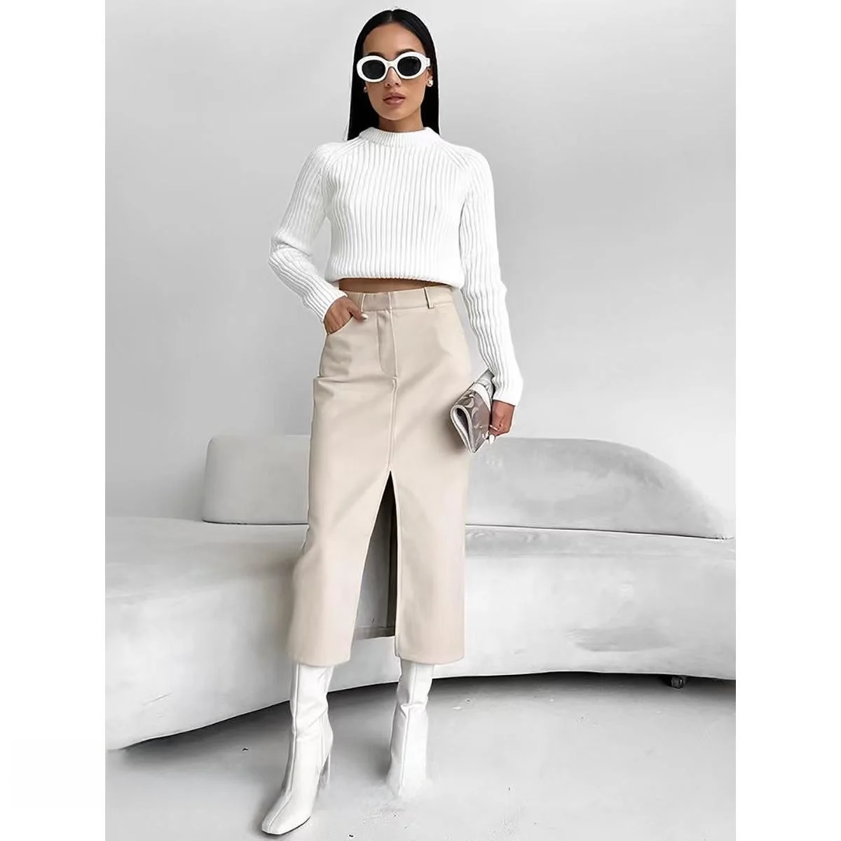 

Модная юбка из искусственной кожи с высокой талией и разрезом, женские юбки средней длины прямого кроя премиум-класса f-длины