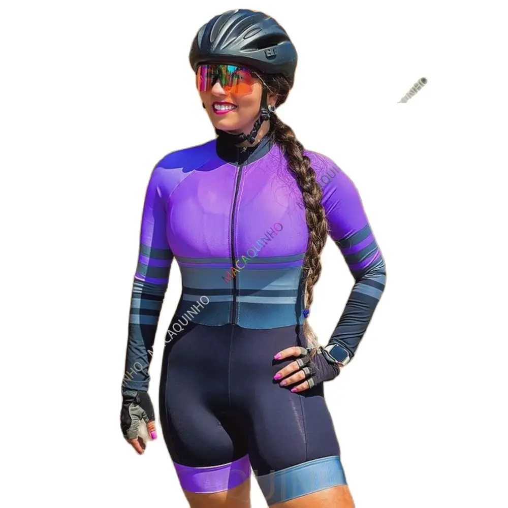 Macaquinho Women's Cycling Jumpsuit 2 Rear Pockets Purple MTB Monkey Long Sleeved Bicycle Clothing