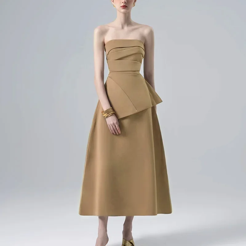 Featuring  Niche Design with Asymmetrical Pleats and A Strapless Top High Waisted Skirt with A Slim Waist Fashionable Suit Dress