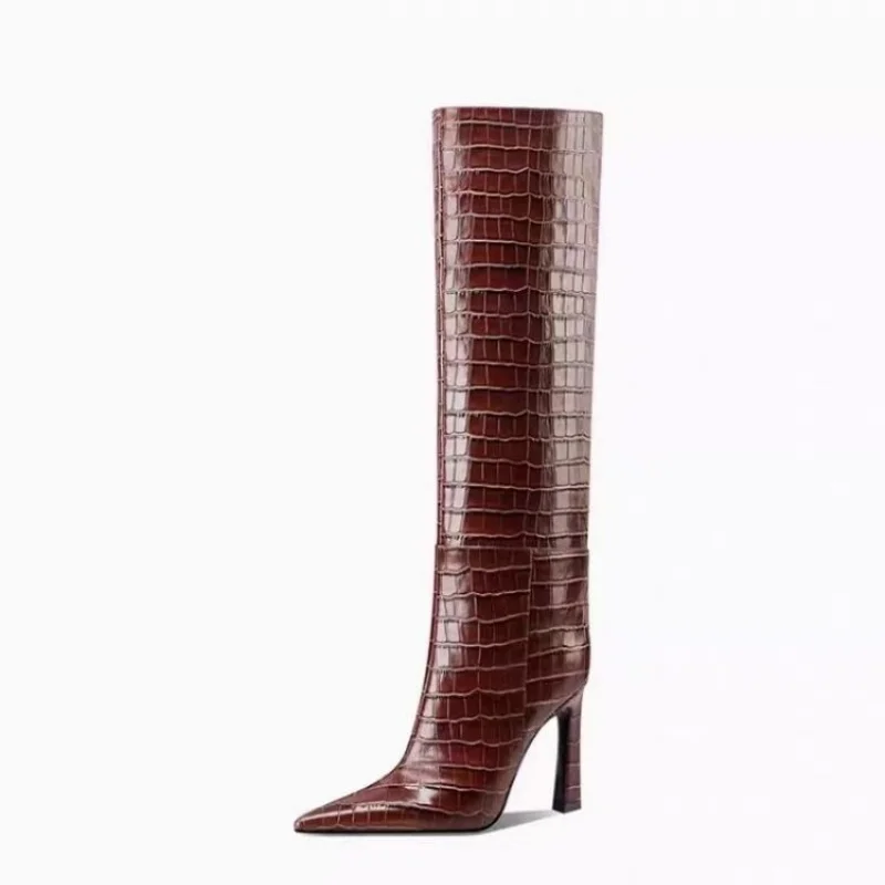 

2025 New Brown Color Women's Long Boots Large Size Street Fashion Shoes Patent Leather Knee High Boots