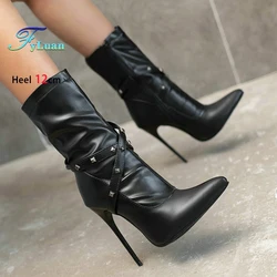 12CM Ultra High Heel Pointed Toe Stiletto Boots Women Ankle Boots Fashion Rivet Band T Show Short Booties Winter Female Shoes