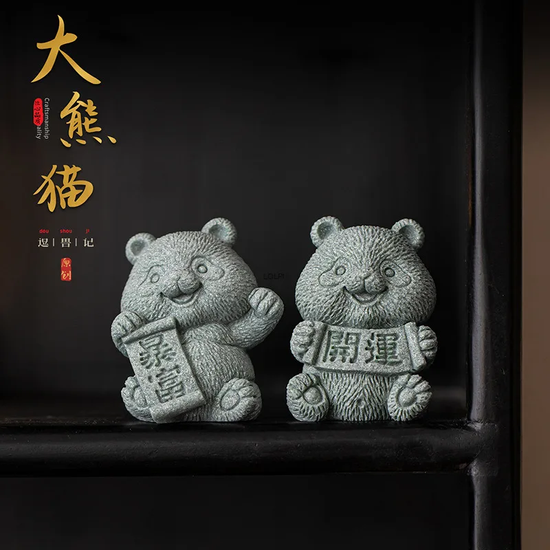 

Green Sand Stone Panda Tea Pet Home Entrance Wealth Good Luck Decorative Ornament Incense Holder Tea Table Tea Set
