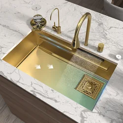 Fregadero de cocina de cascada, lavabo dorado de acero inoxidable, gran ranura única, lavabo dorado multifuncional para Cocina