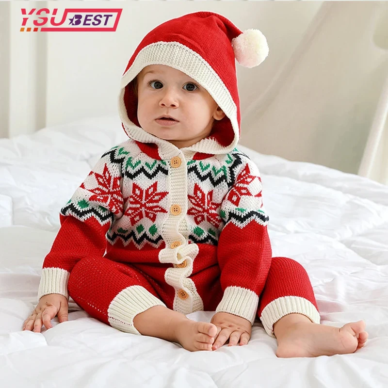 Infant Outfit Christmas Baby Rompers Winter Santa Claus Snow Knitted Newborn Boys Girls Hooded Jumpsuits Long Sleeve Playsuit