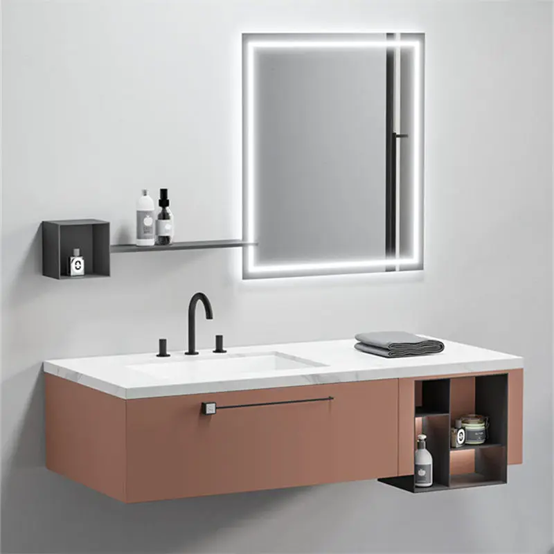 Wall Mounted Sintered Stone Mirrored Cabinets Bathroom Vanity LED Light Sink Set