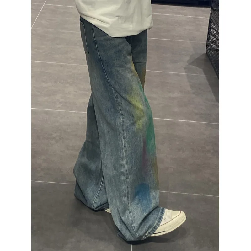 

High Waist Straight Leg Men's Jeans Summer American High Street Rainbow fiti Slim Fit Floor-Length Trousers