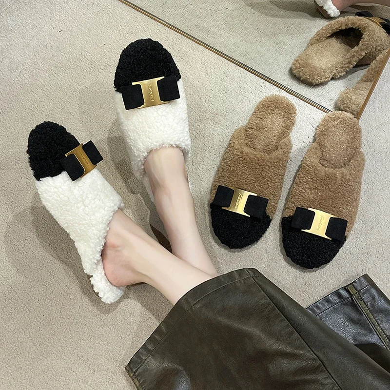 

Women's Fluffy Flats Plush Slip on Warm Shoes Black Toe Slippers for Female Patchwork Winter Home Shoes Cozy Woman's Slides