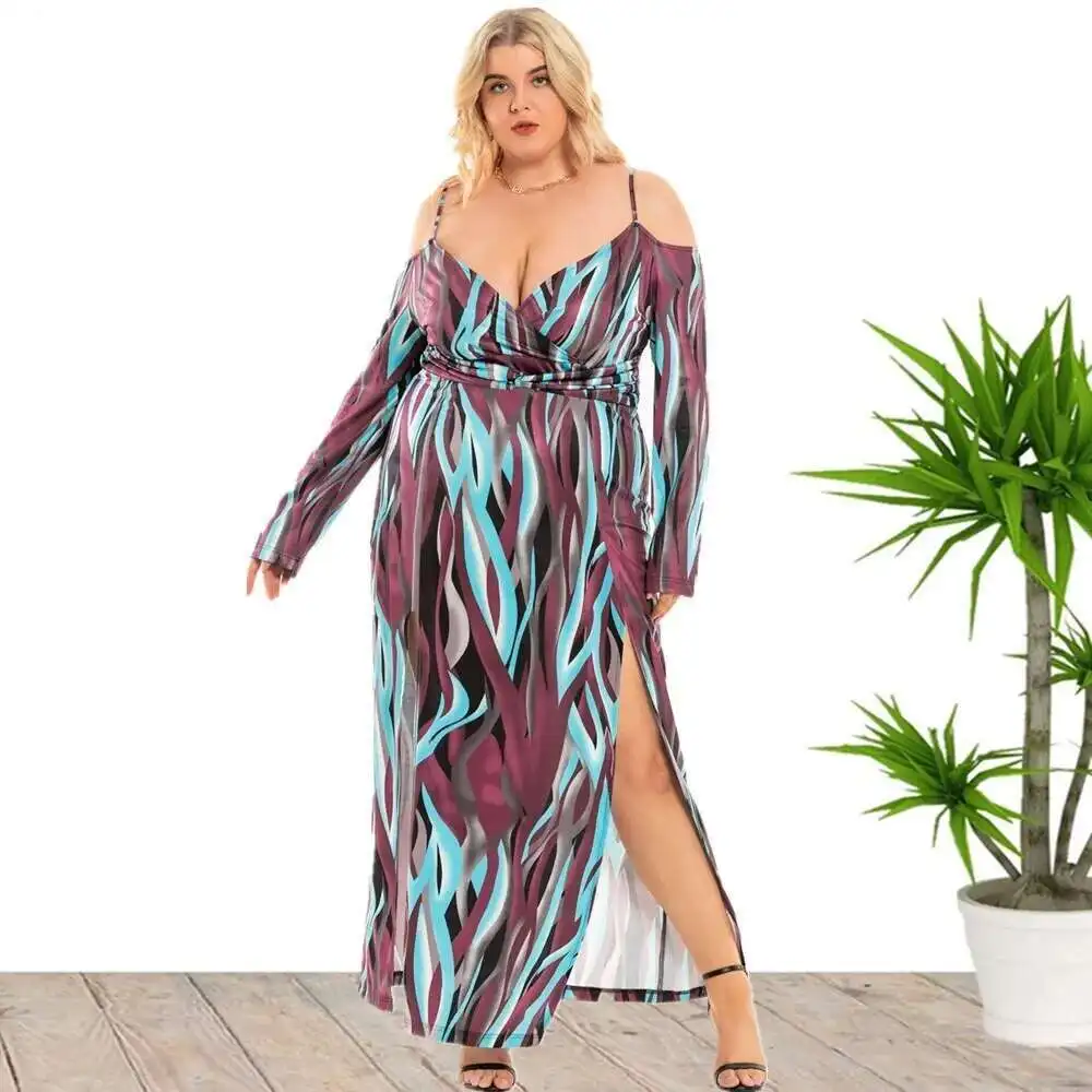 

Plus 2025 Size Women's New Sexy Split V-neck Off Shoulder Fat Mm Dress Sq0187 Casual 2025 Party Summer Elegantes Casual Y2k