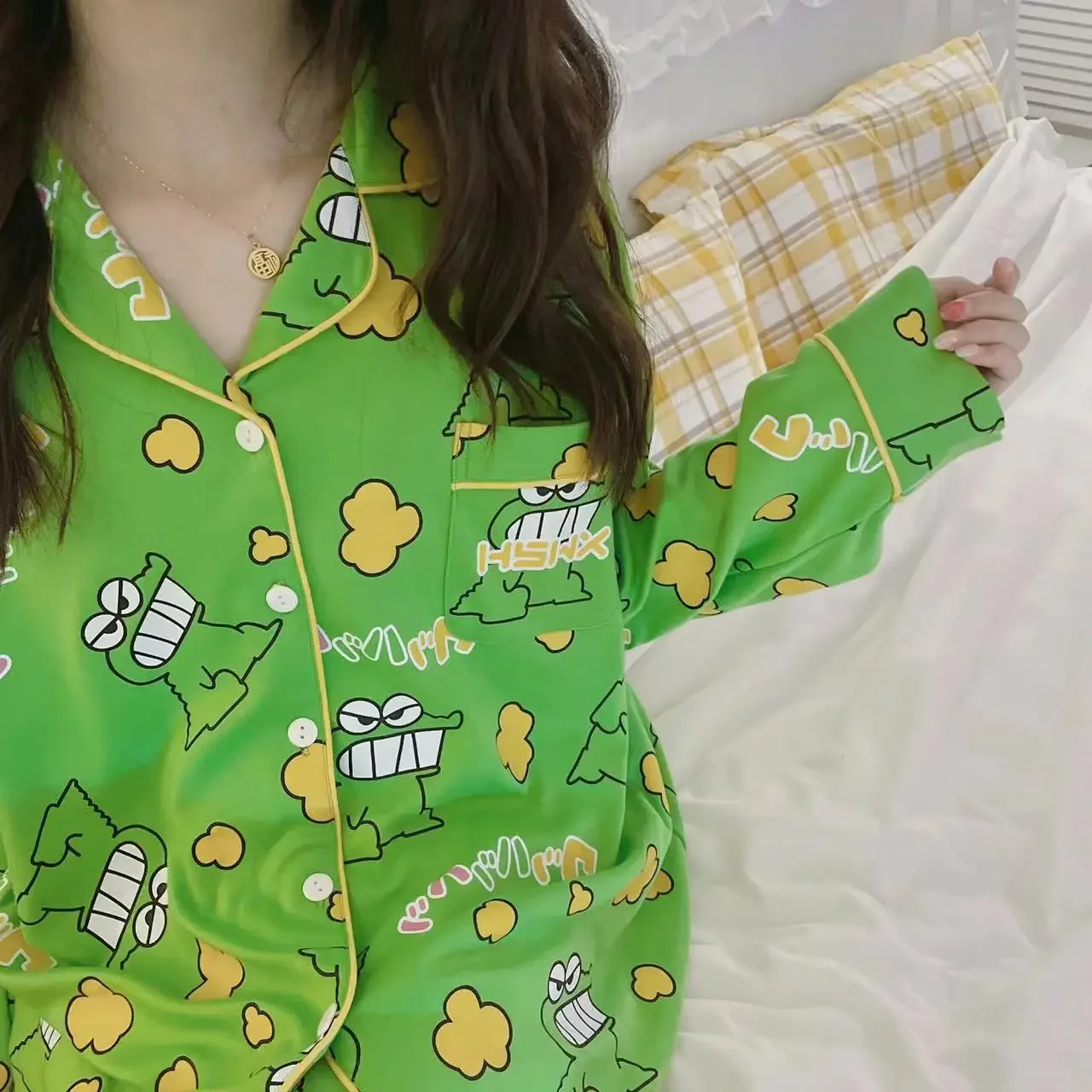 Long Sleeve Ladies Pajamas Comfortable Women Spring Autumn Pajama Sets Printed Green Sleepwear Pyjamas Young Girl Style Clothes