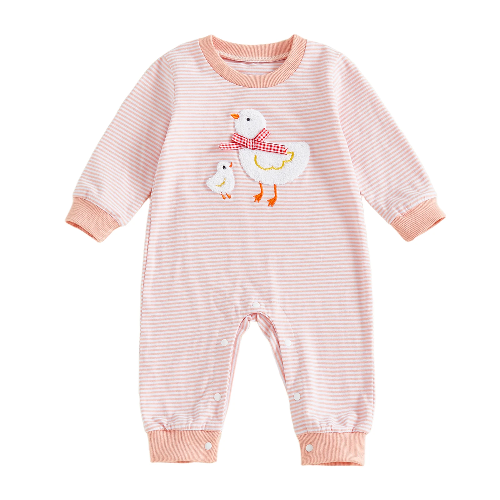 

Детский осенний комбинезон в полоску с вышивкой в виде утки, длинный рукав, круглый вырез, полный длинный комбинезон