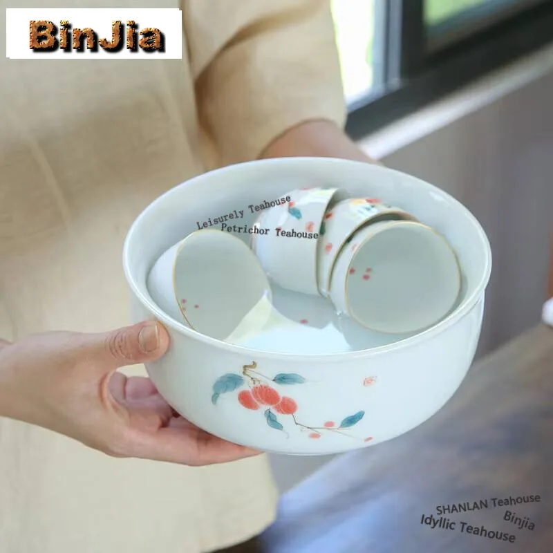 1200ml Handpainted Lychee Tea Washing Household White Porcelain Jianshui Vintage Tea Wash Writing-brush Washer Chaxi Decoration