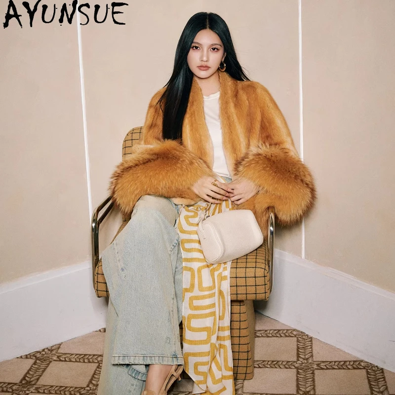 AYUNSUE Muskrat&Waschbär Pelz Mäntel Frau Winter Echtpelz Jacke High Street Outer V-ausschnitt Pelzmantel Frau Kleidung caiба Ж 1897