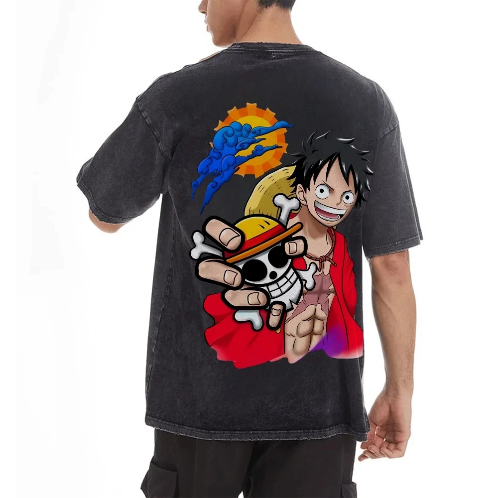 ワンピースプリント半袖TシャツカジュアルサマーウェアメンズストリートウェアメンズTシャツウォッシュド＆オールドコンフォータブルポップ