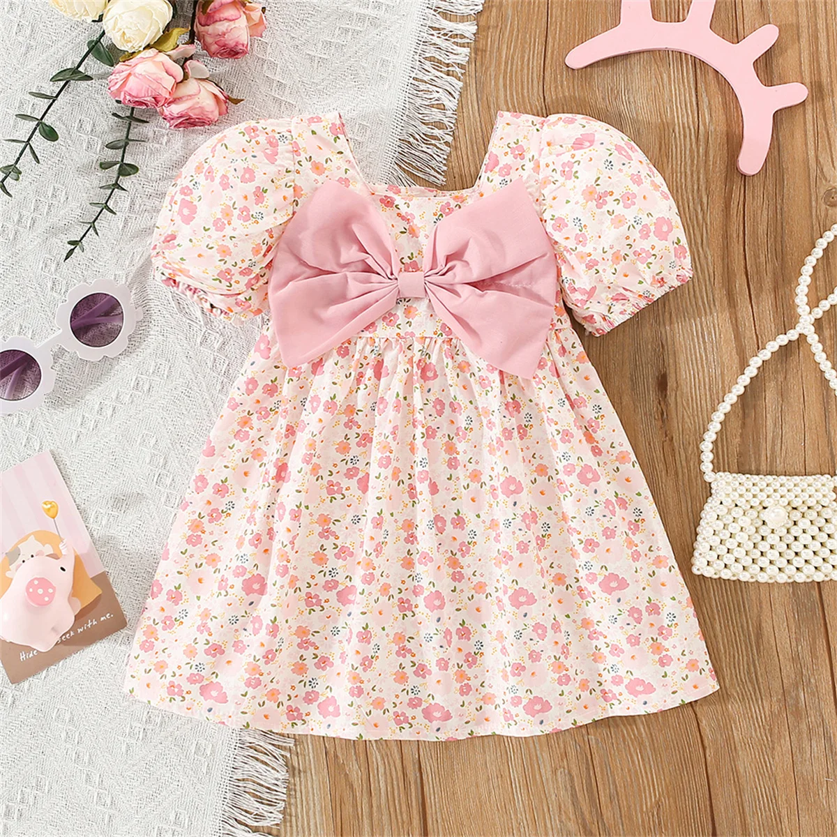 Small Fragmented Pink Big Bow Infant Dress New Summer Girls Baby Bubble Sleeve Dress Sweet Girl Children'S Clothing