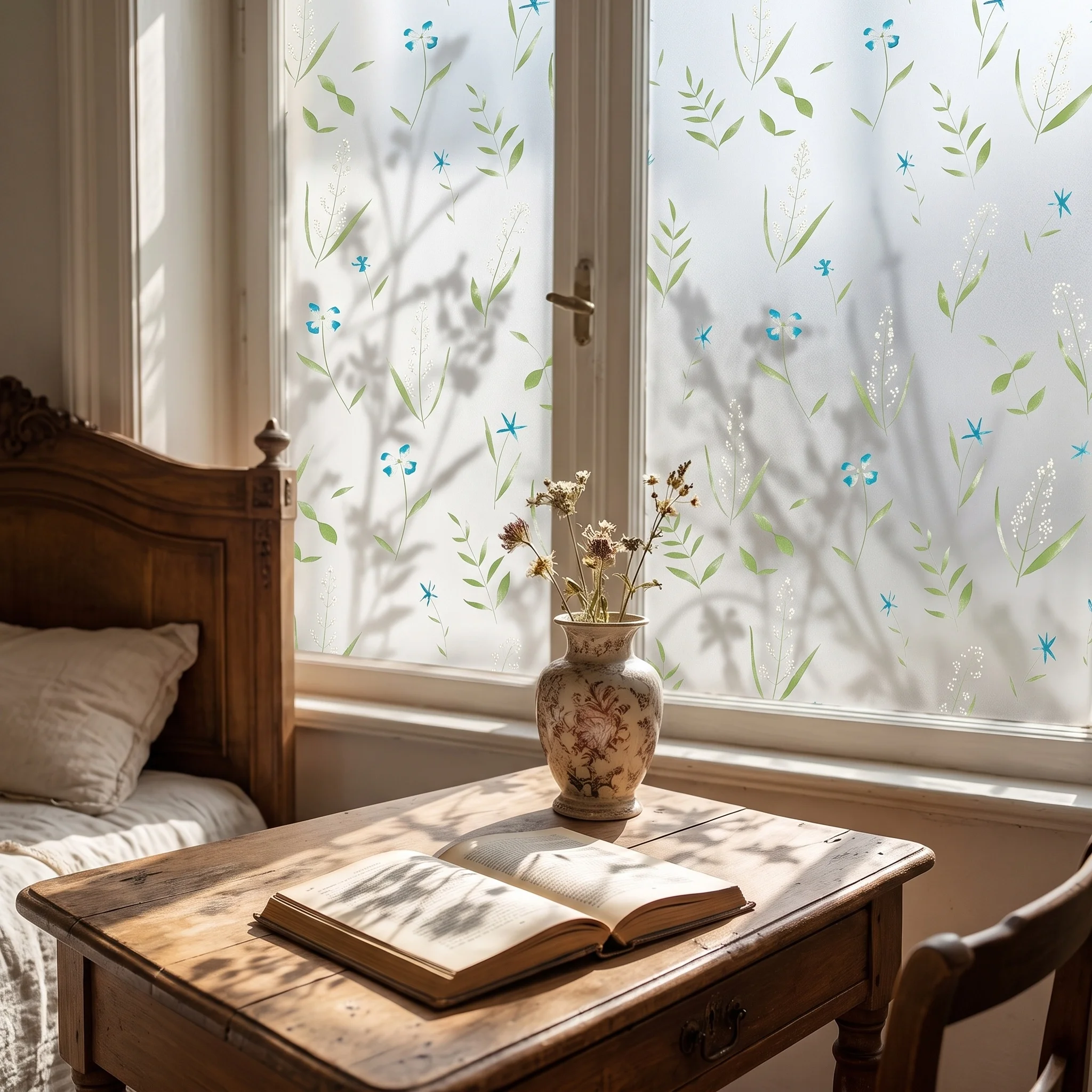 Blue Wildflower Self-Adhesive Window Film 60/70/80/90cm Botanical Floral Privacy Decor Waterproof Anti-UV for Bathroom
