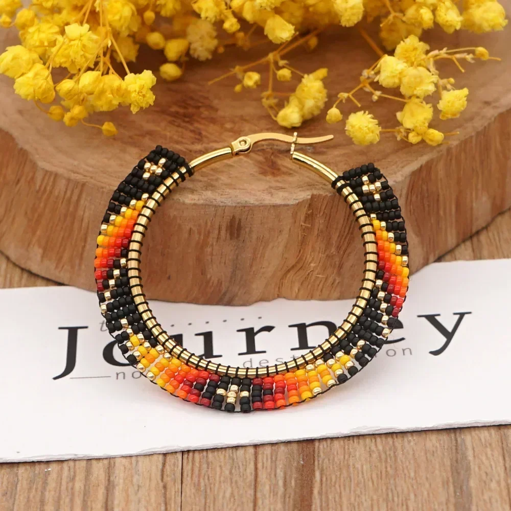 

Rice Bead Earrings Hand Knitting Bohemia Big Circle Beading Fashion Geometry Personality Ma'am Fringe Earrings for Women