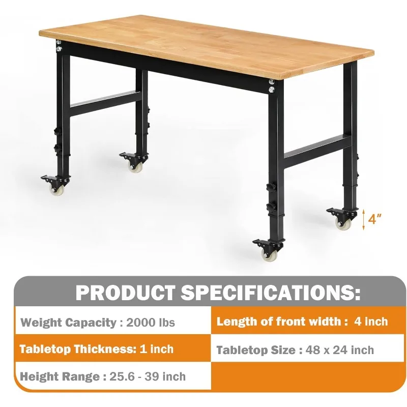 48" Heavy-Duty Adjustable Workbench, Rubber Wood Shop Table W/Metal Wheels, Hardwood Workstation Weight Capacity Over 2000 Lbs