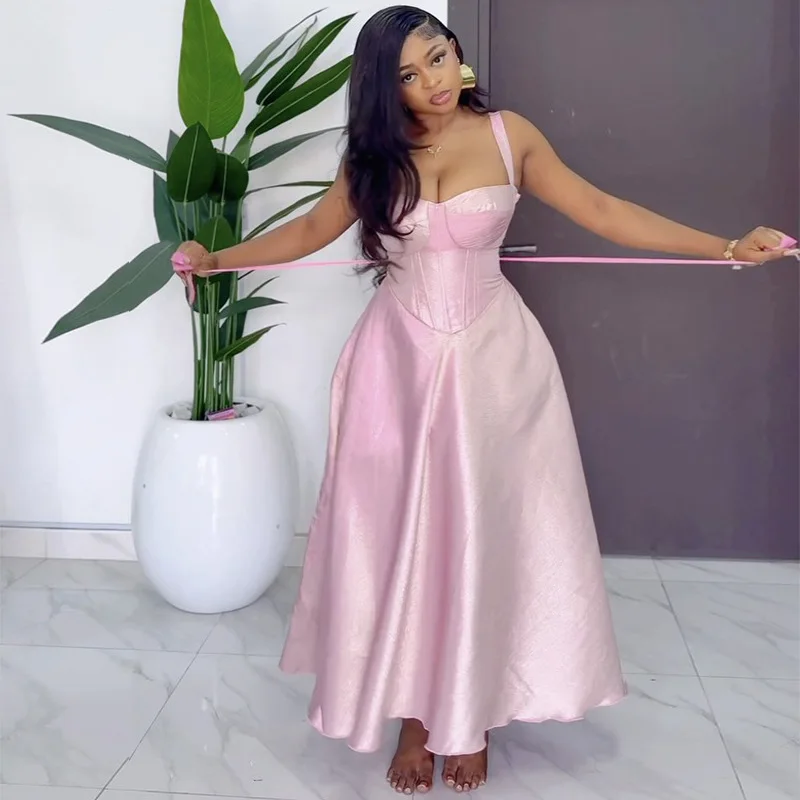 

Women Spaghetti Strap Lace Up Back High Waist Big Swing Long Maxi Dress 2025 Chic Birthday Night Party Vestidos Dresses