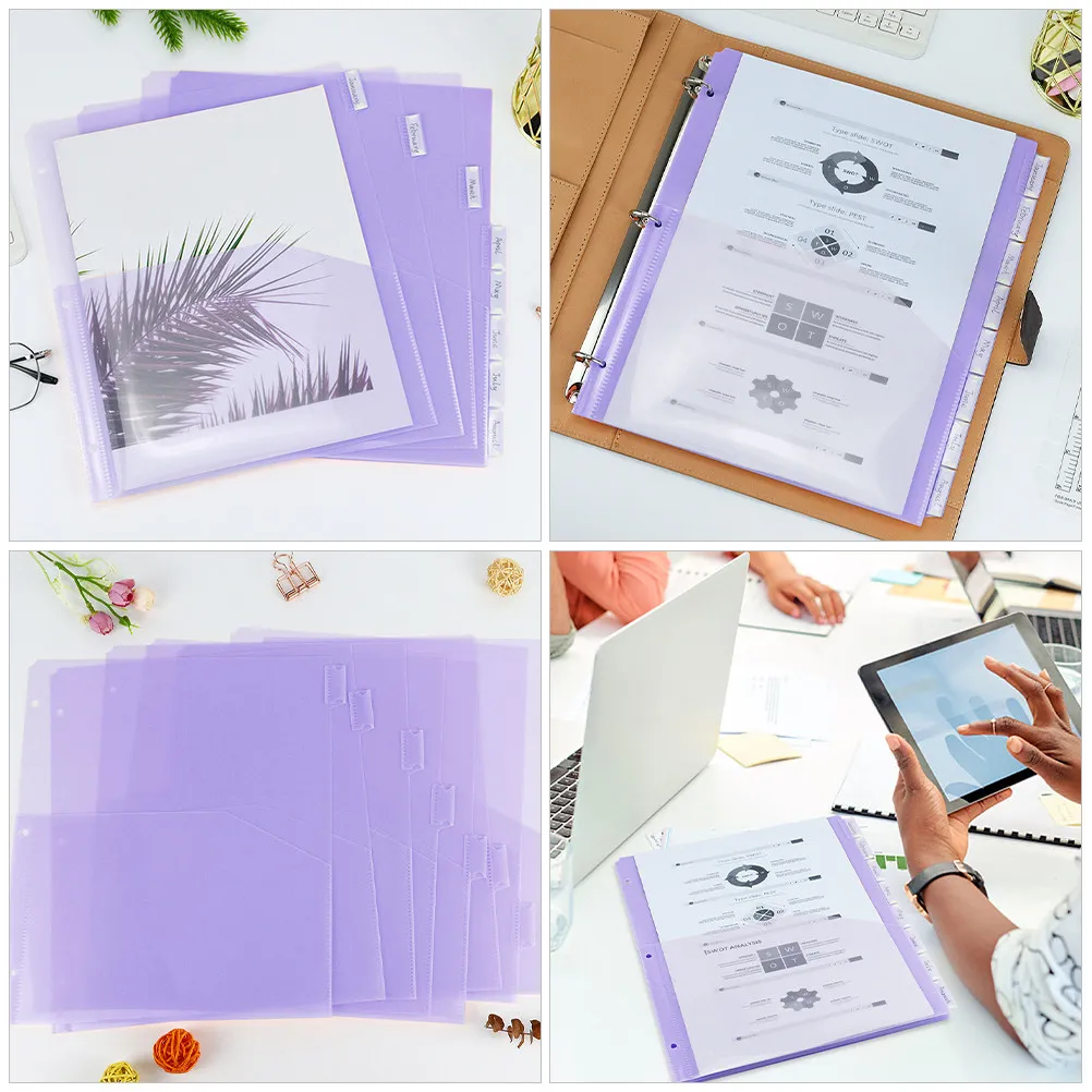 8Pcs Binder Pocket Dividers Colorful A4 Folder 3 Hole Punched Plastic Filing Organizer Document Sleeves for Office Storage