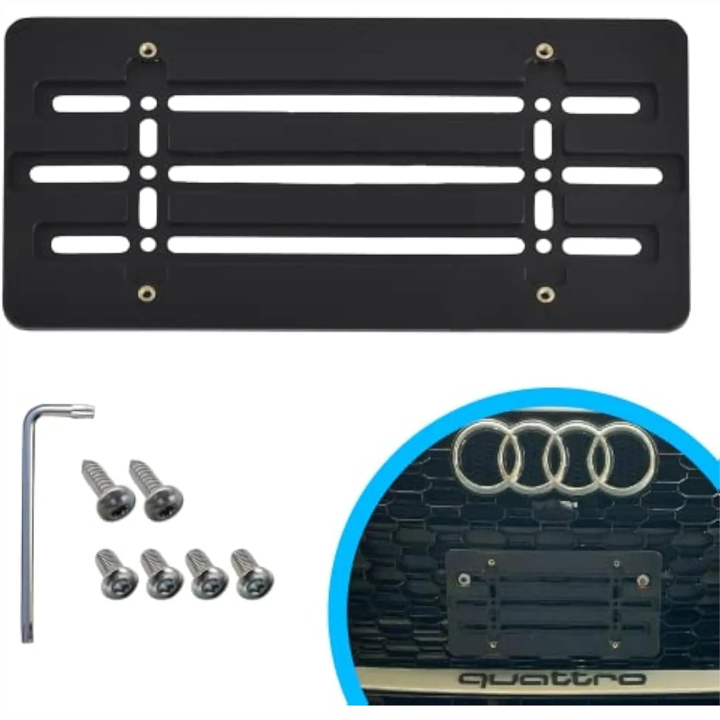

Front Bumper License Plate Bracket for Audi, No-Drill Tow Hook Mounting Kit with Bolts & Wrench, Adjustable License Plate Holder