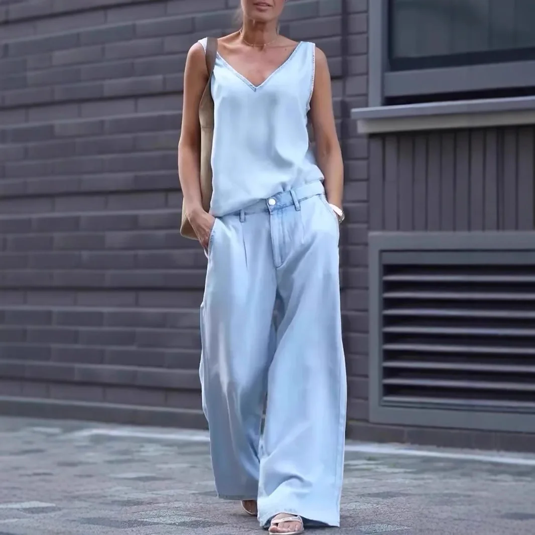 

2025 летние новые модные повседневные джинсы и комплект, топ на бретелях, широкие брюки без рукавов с v-образным вырезом, комплект из 2 предметов