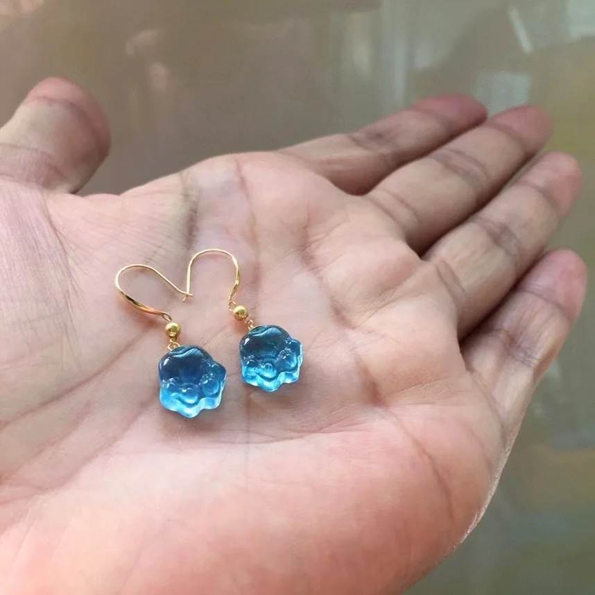 

1 Pair Fengbaowu Natural 7A Aquamarine Cat Paw Earring 18K Gold Reiki Healing Stone Jewelry Gift Women