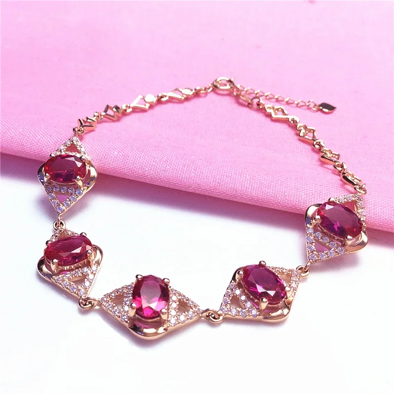 

585 Purple Gold Classic Inlaid Red Gemstone charm bracelet for women Plated 14K Rose Gold bangles Wedding Jewelry Gift