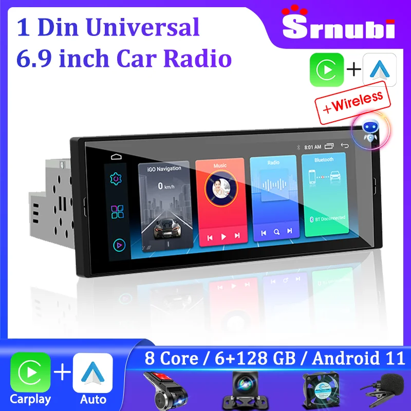 

Srnubi 1Din Android Car Radio Universal 6.9 Inch Multimedia Player Stereo Touch Screen Wireless Carplay Auto GPS Navigation DVD