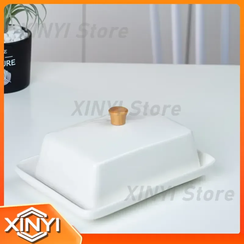 Ceramic Bamboo Wood Butter Dish with Lid for Cross-Border Western Style Rectangular Butter Storage Box Set for Bread and