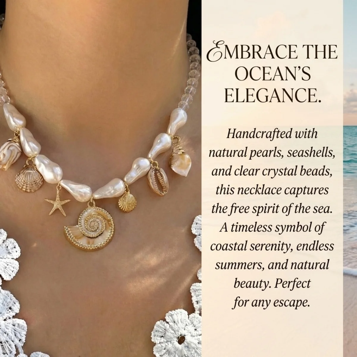 Acryl-Muschel-Seestern-Anhänger-Halskette für Damen und Herren, barocke Imitationsperlen, Kristall, gespleißte Perlen, Choker, Sommerschmuck – Detail 7