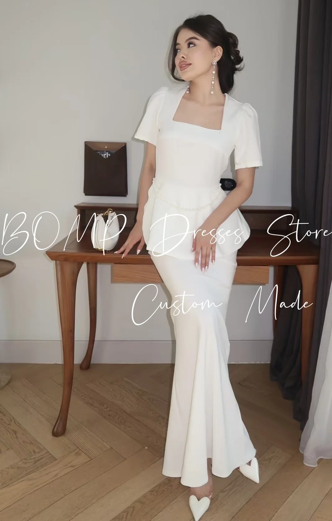 BOMP elegante vestido de noche blanco de manga corta drapeado sirena hasta el suelo satén ocasión especial vestidos de fiesta personalizado árabe