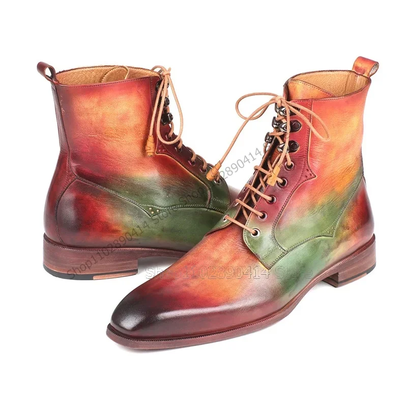 Kolorowe botki do połowy łydki z kwadratowym noskiem, wiązane, modne sznurowane buty męskie, luksusowe ręcznie robione buty męskie na przyjęcia, bankiety i uroczystości.