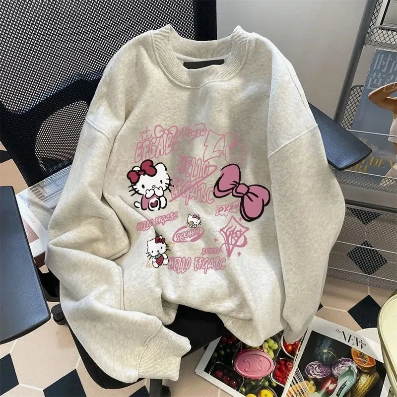 سويت شيرت هالو كيتي من القطن الخالص مطبوع برقبة دائرية للفتيات لخريف وشتاء بالإضافة إلى بلوفر مخملي سميك ودافئ