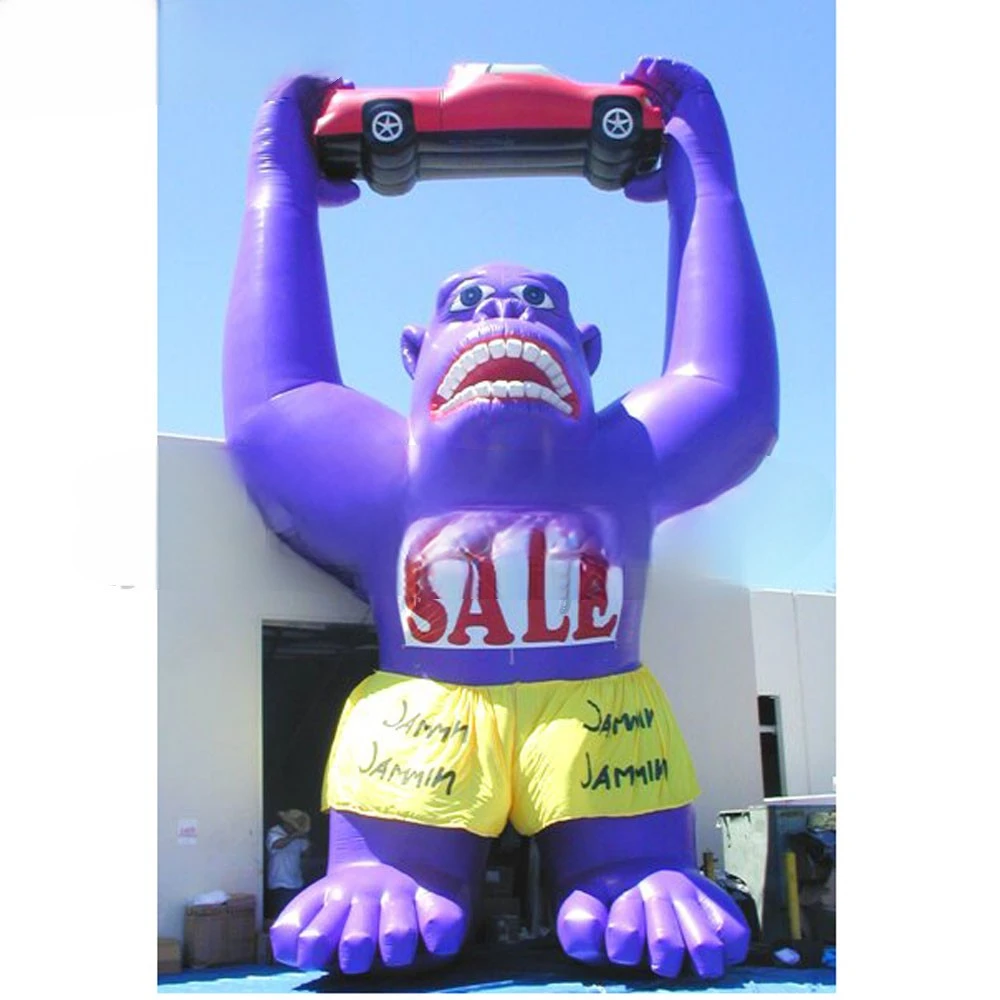 Purple Inflatable 7.5 Meter Red, Green and Gorilla Chimpanzee with Small Car with Customized Promotional Logo Ad Cartoon Printed